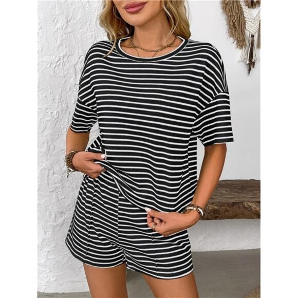 Striped Round Neck Short Sleeve Top and Shorts Set - Picture 11 of 16